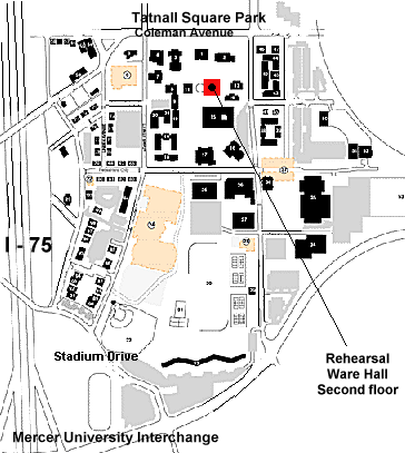 Map to Ware Music Hall, Mercer University.